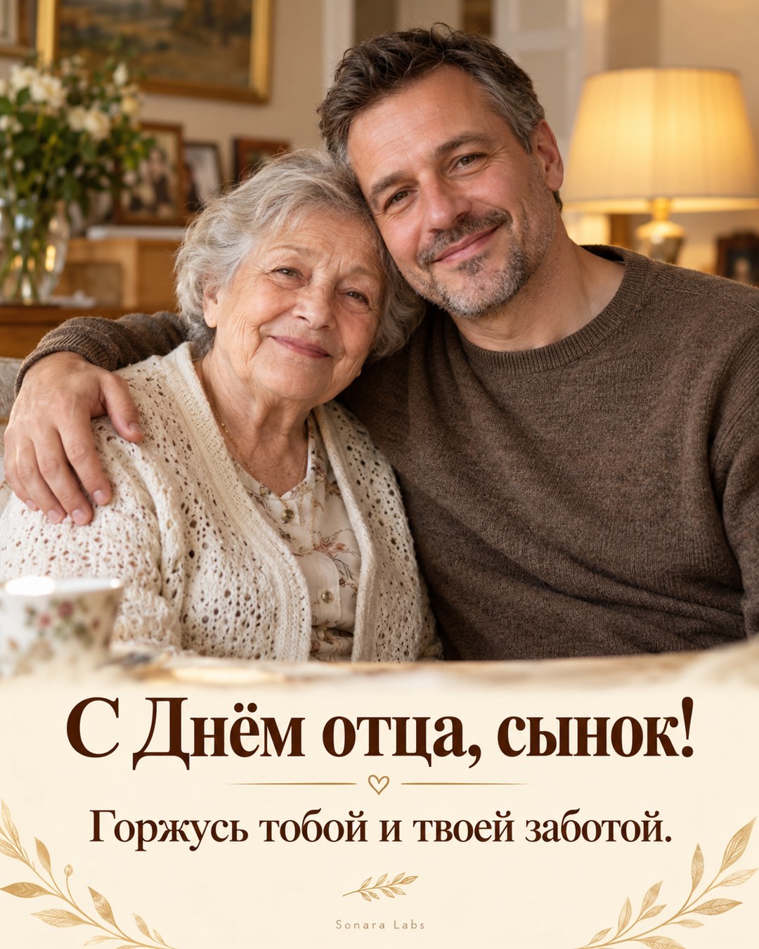 Фотооткрытка с Днём отца от мамы: Горжусь тобой и твоей заботой.