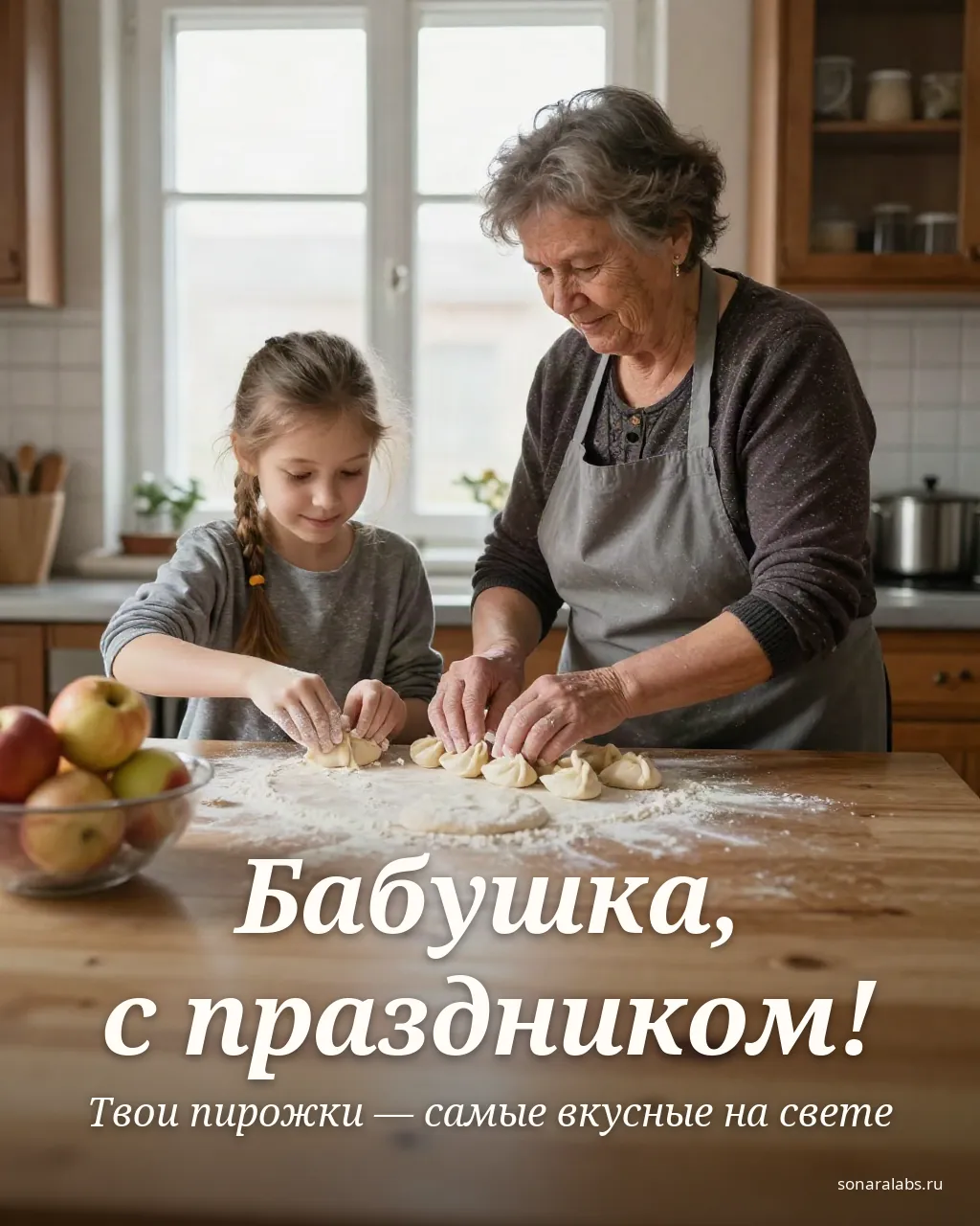 Открытка бабушке: бабушка с внучкой лепят пирожки