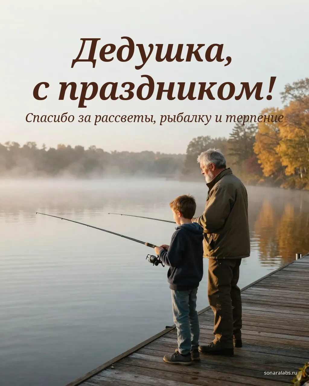 Открытка дедушке: дедушка с внуком на рыбалке у озера
