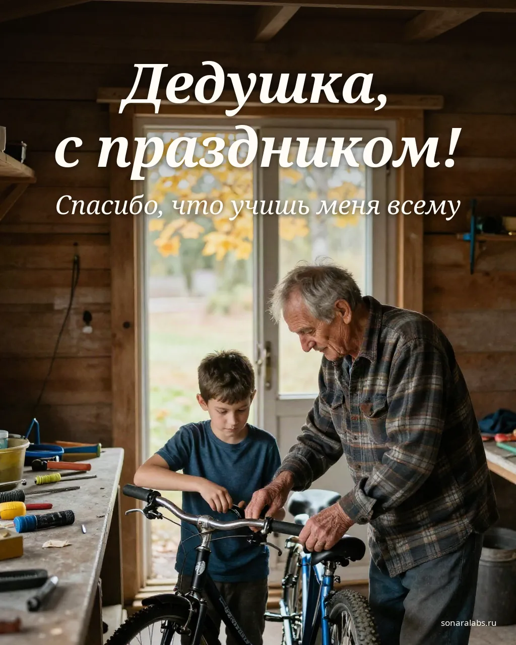 Открытка дедушке от внука: дедушка с внуком чинят велосипед