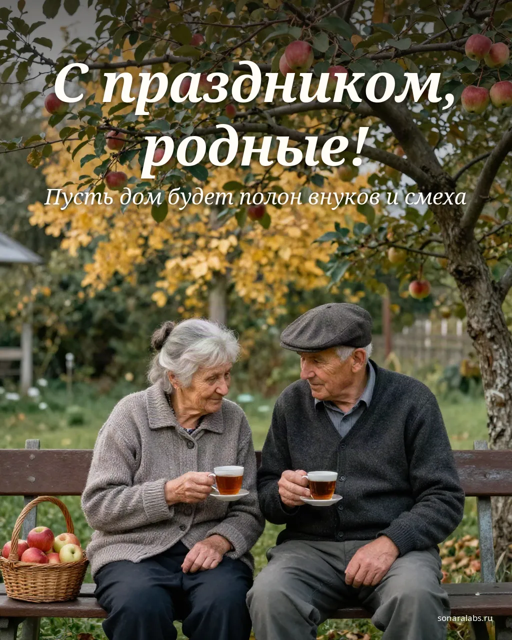 Открытка бабушке и дедушке: пара пьёт чай на скамейке под яблоней