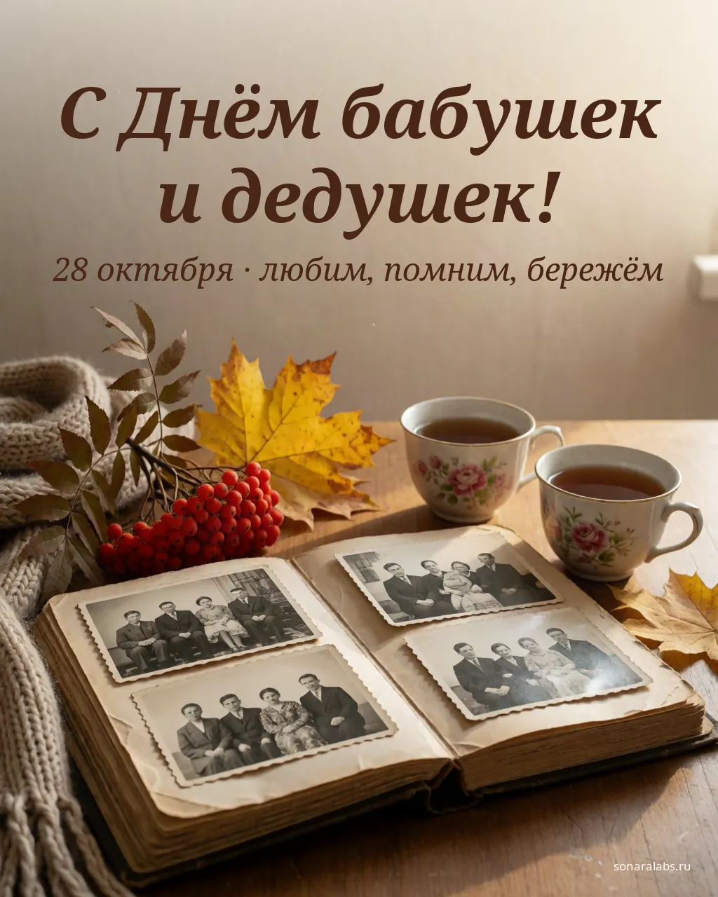 Открытка с Днём бабушек и дедушек: семейный фотоальбом, чай и рябина