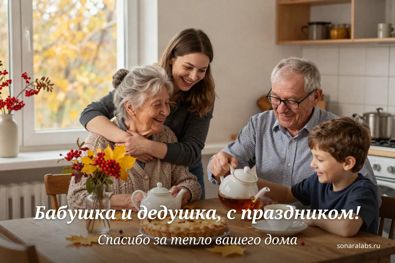 Горизонтальная открытка: семья пьёт чай с бабушкой и дедушкой