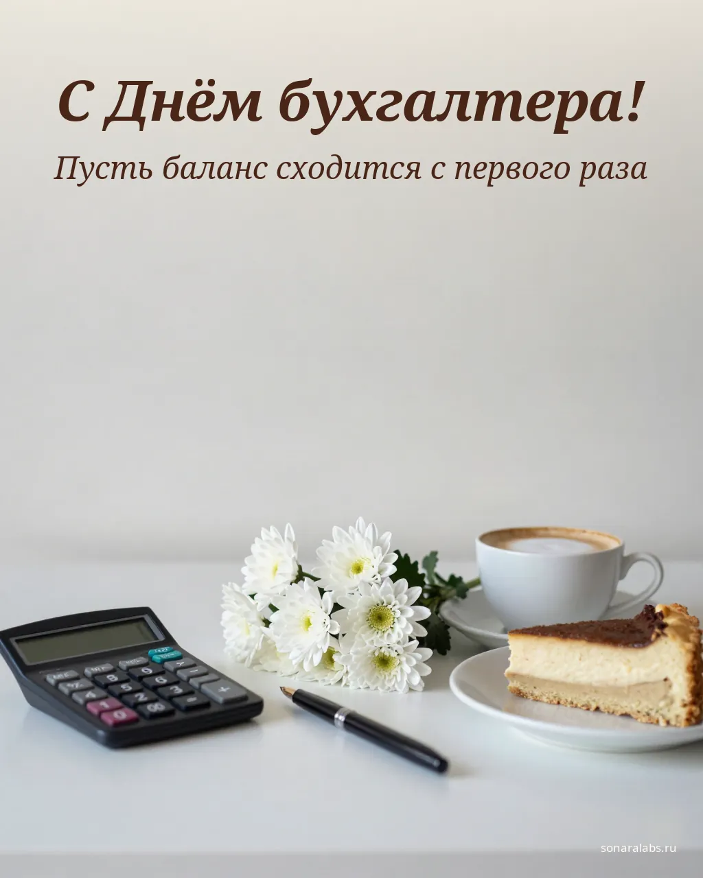 Открытка с Днём бухгалтера: калькулятор, ручка, кофе и хризантемы