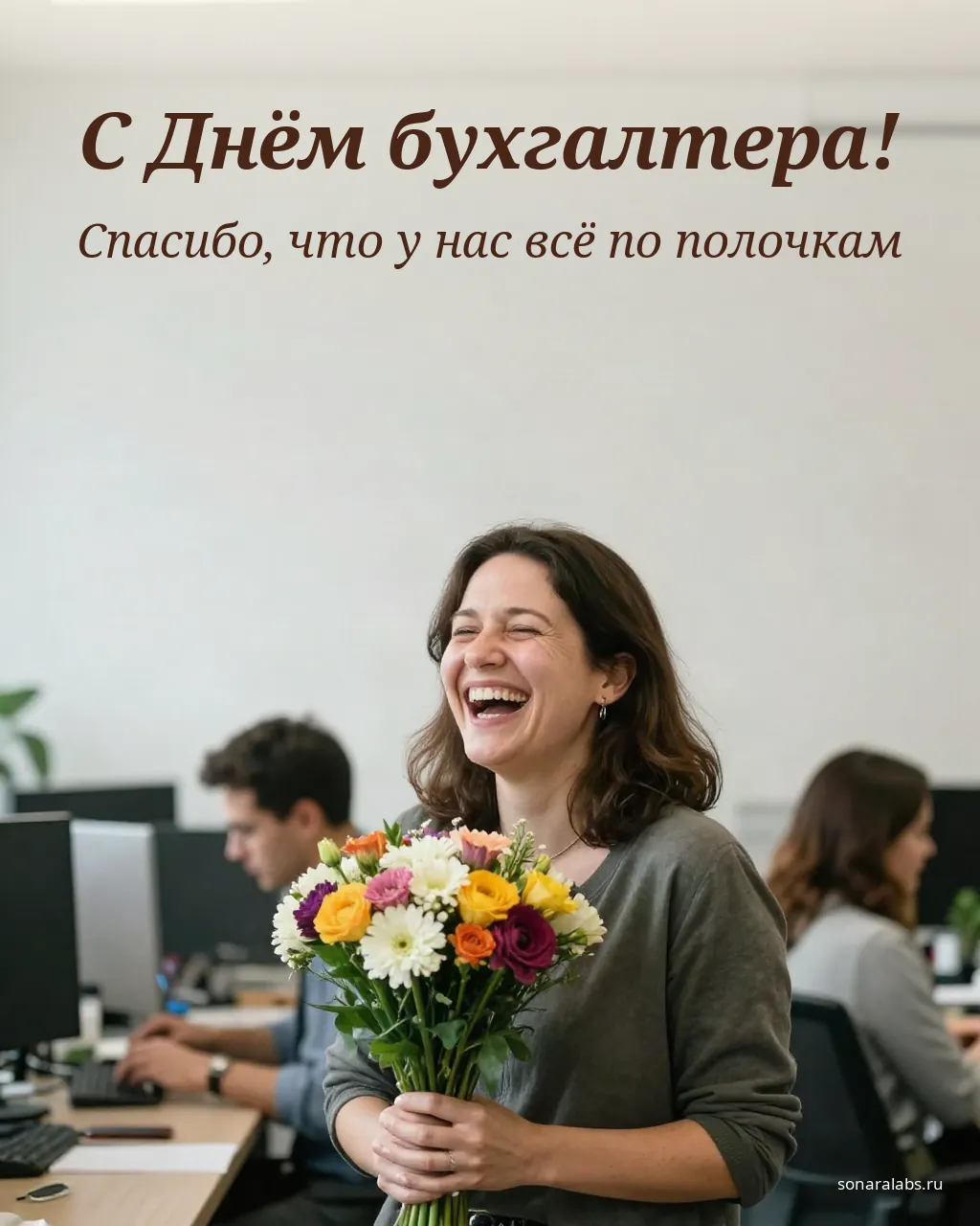 Открытка бухгалтеру-женщине: сотрудница с букетом цветов