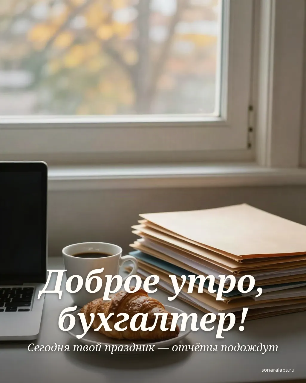 Открытка с Днём бухгалтера: утренний кофе и папки с документами