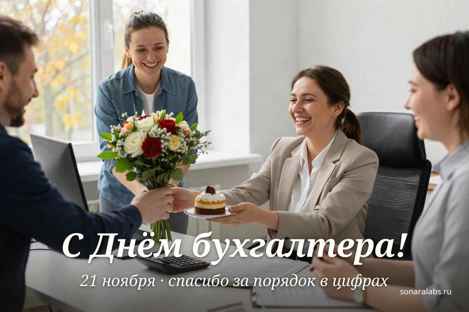 Горизонтальная открытка: коллеги поздравляют бухгалтера