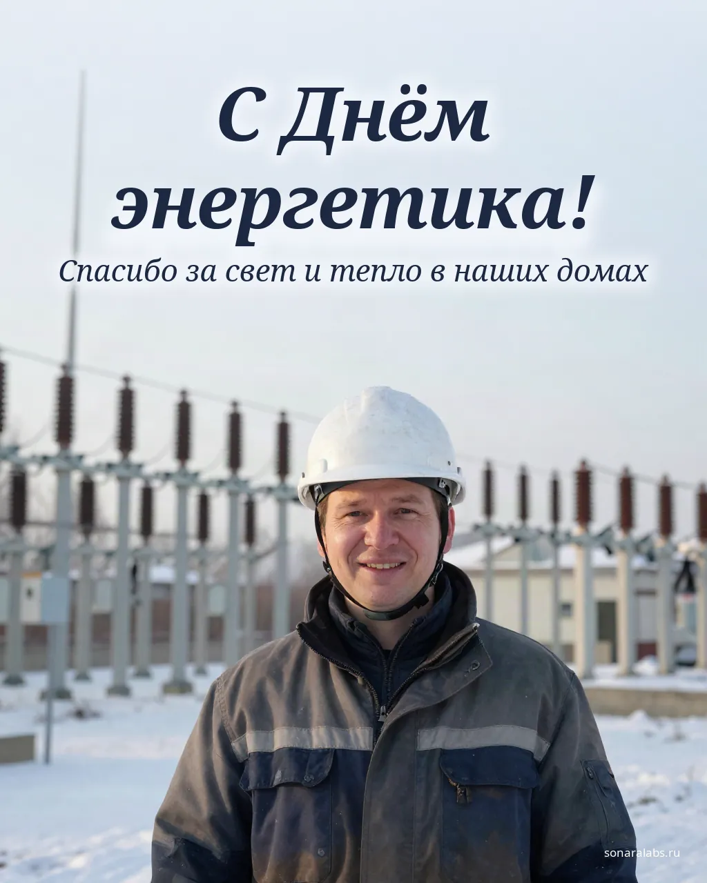 Открытка с Днём энергетика: инженер в каске на подстанции