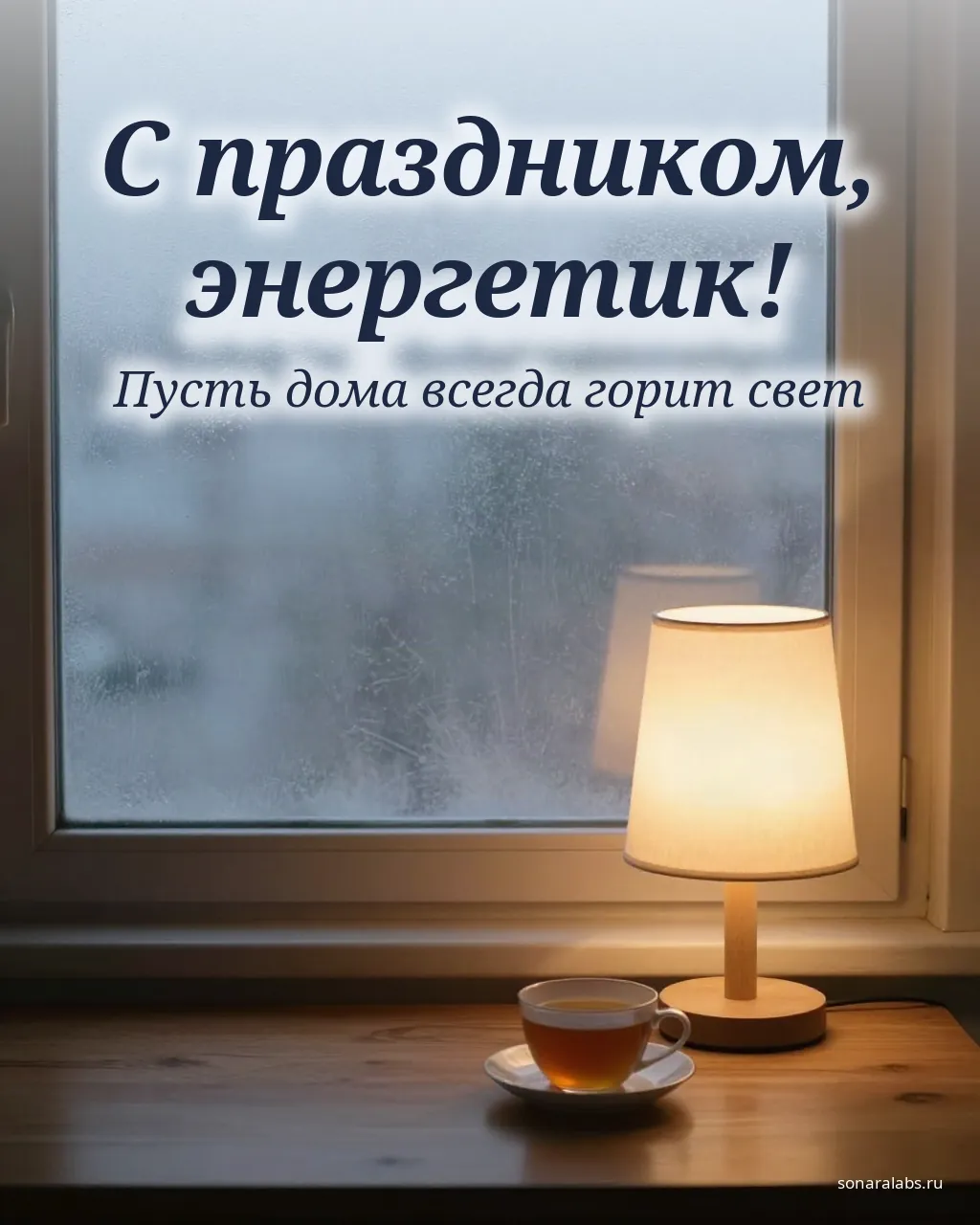Тёплая открытка ко Дню энергетика: лампа на столе у морозного окна
