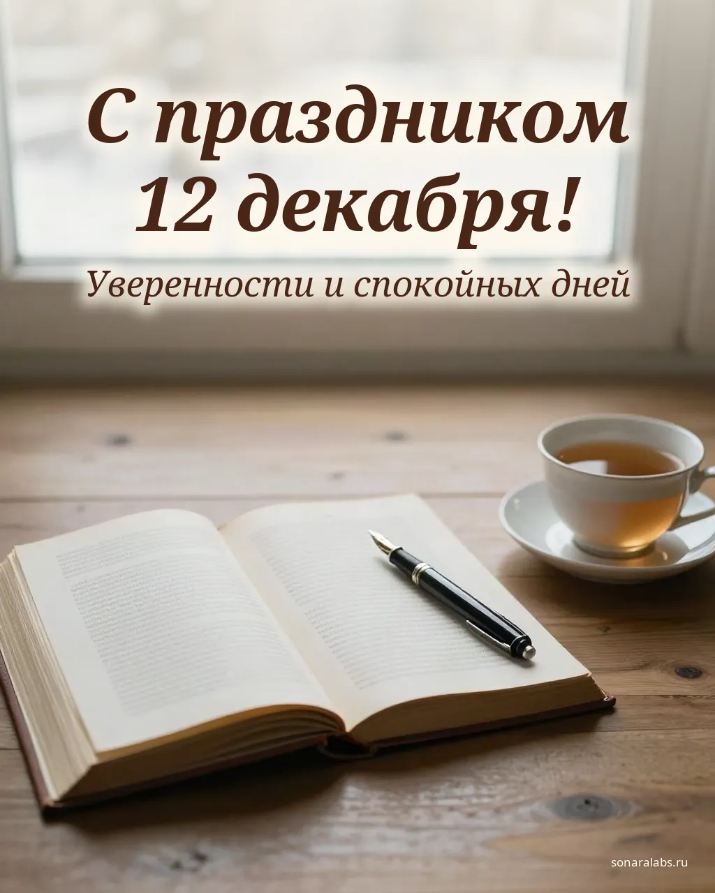 Открытка ко Дню Конституции: открытая книга, ручка и чай