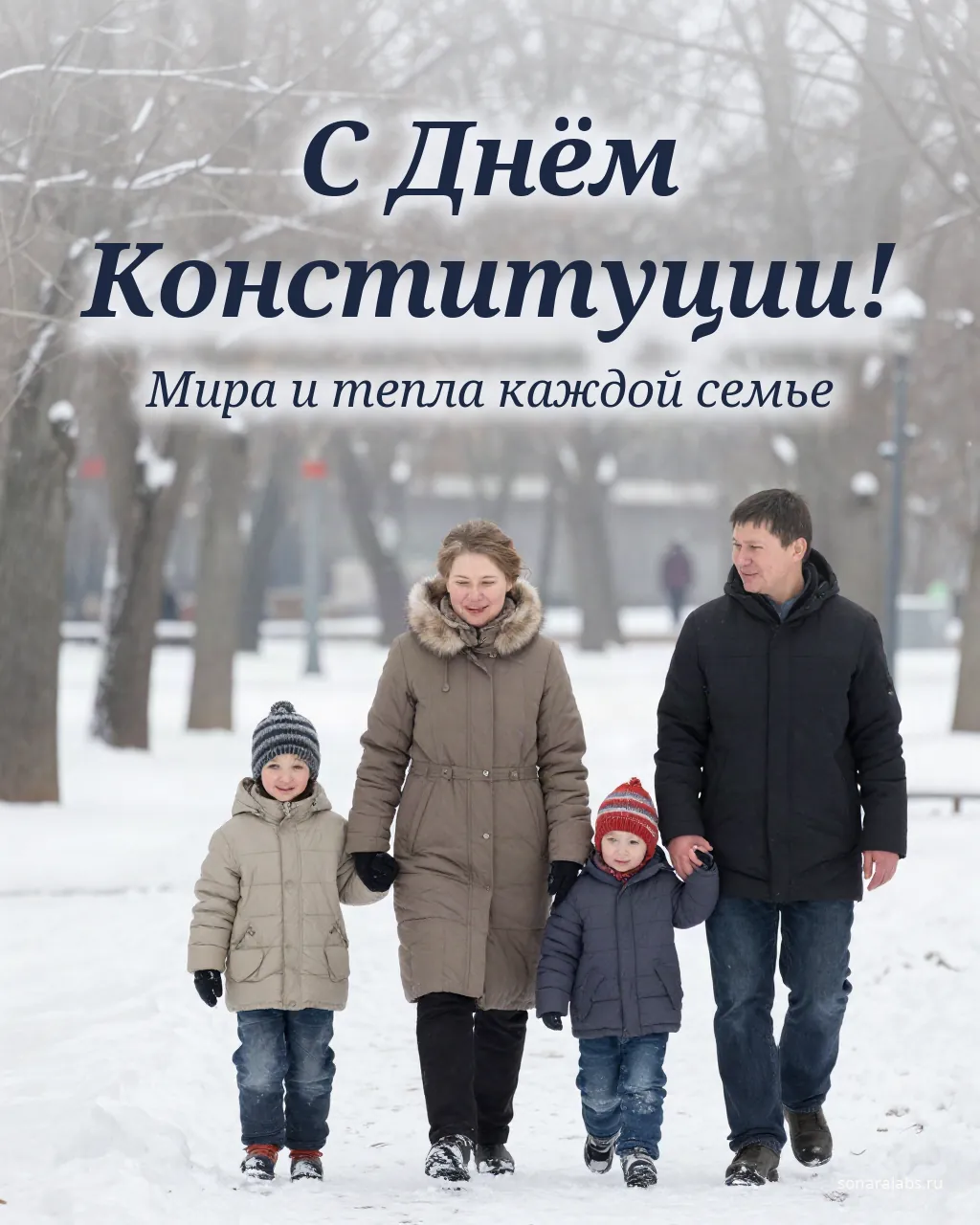 Открытка с Днём Конституции: семья с детьми на зимней прогулке