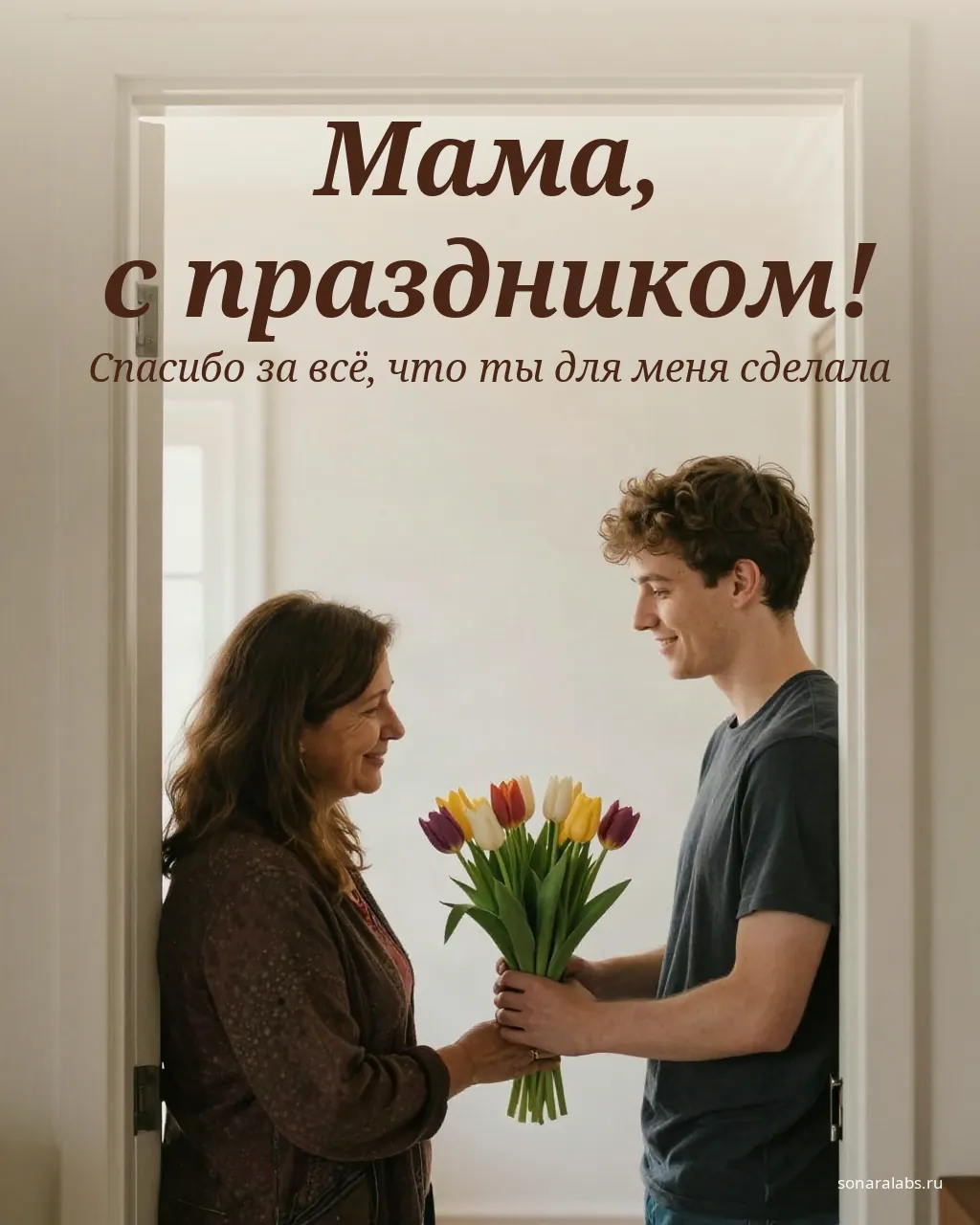 Открытка маме от сына: сын дарит маме тюльпаны