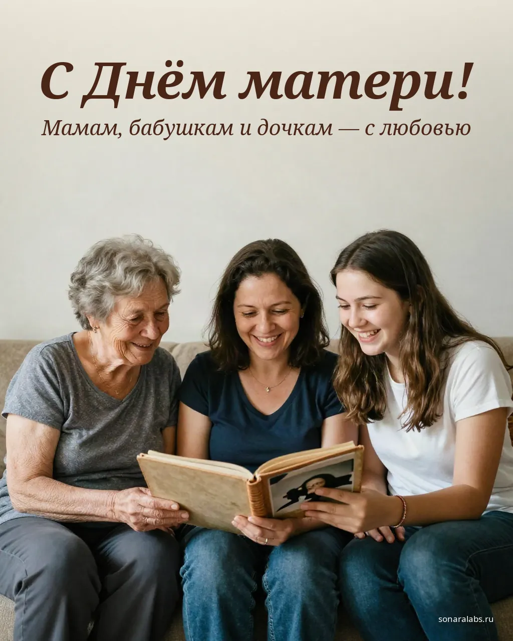 Открытка с Днём матери: бабушка, мама и дочь смотрят альбом