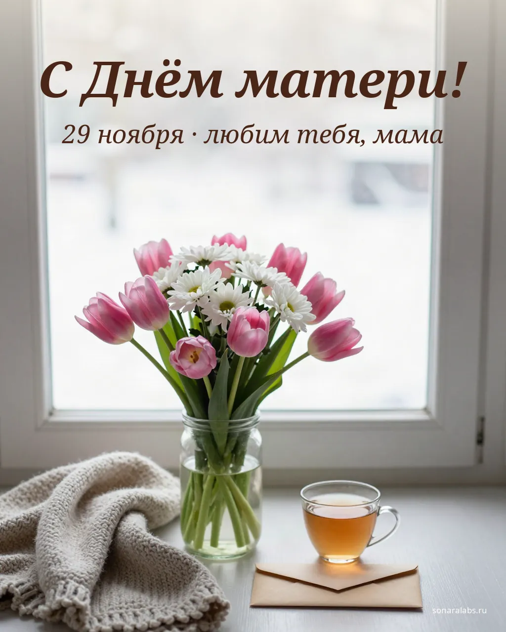 Открытка с Днём матери: тюльпаны, чай и конверт у окна