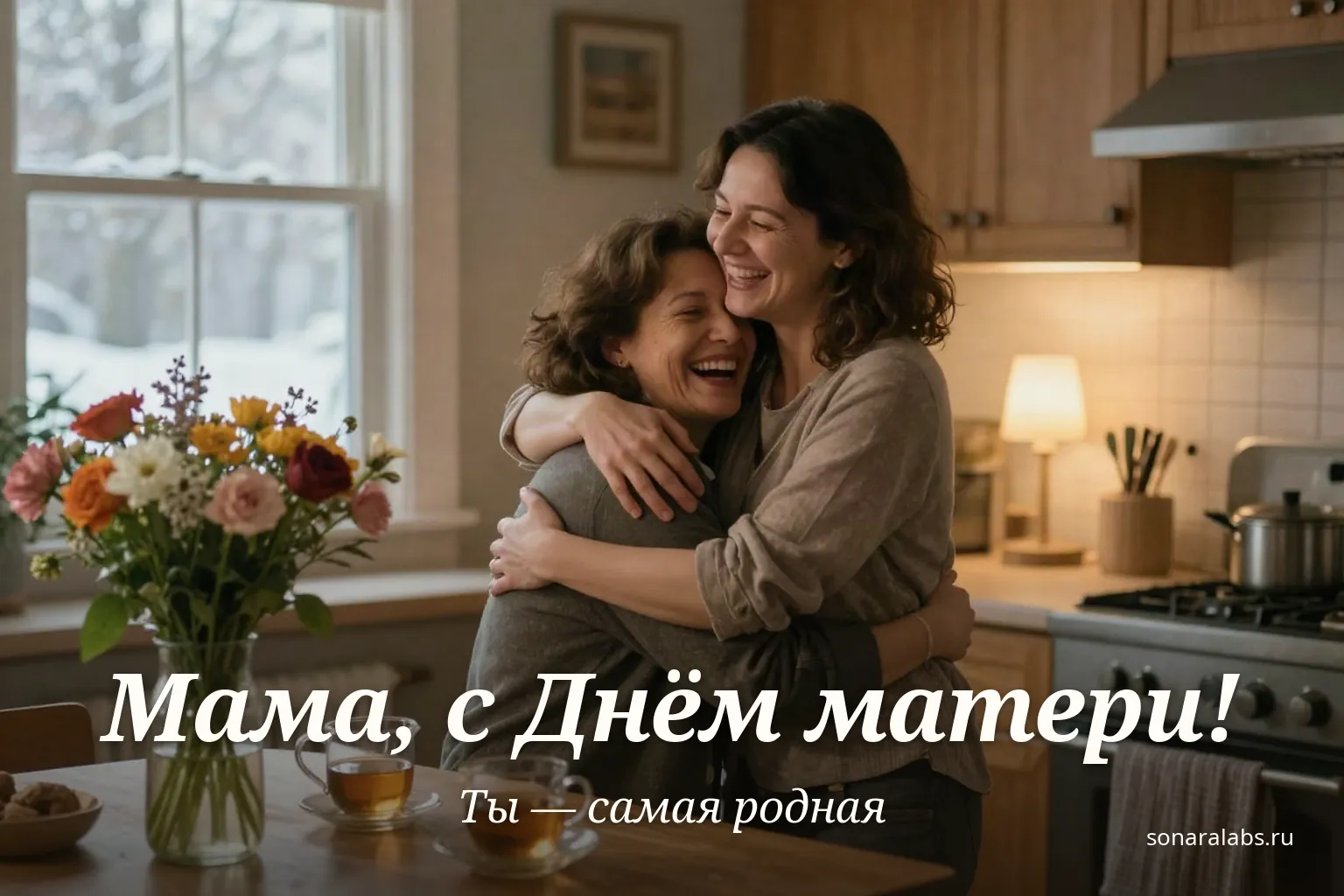 Горизонтальная открытка: дочь обнимает маму на кухне