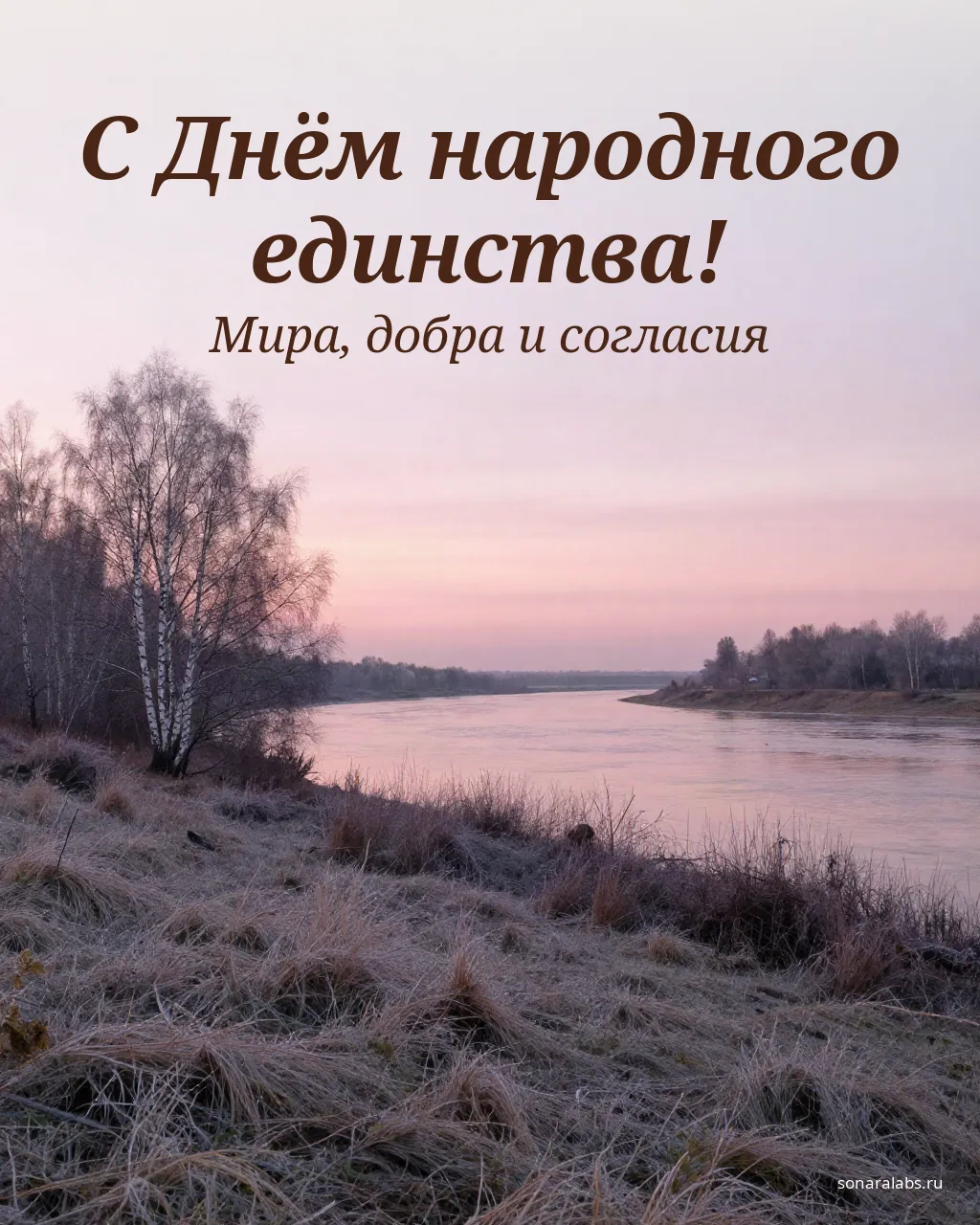 Открытка с Днём народного единства: рассвет над рекой и иней на траве