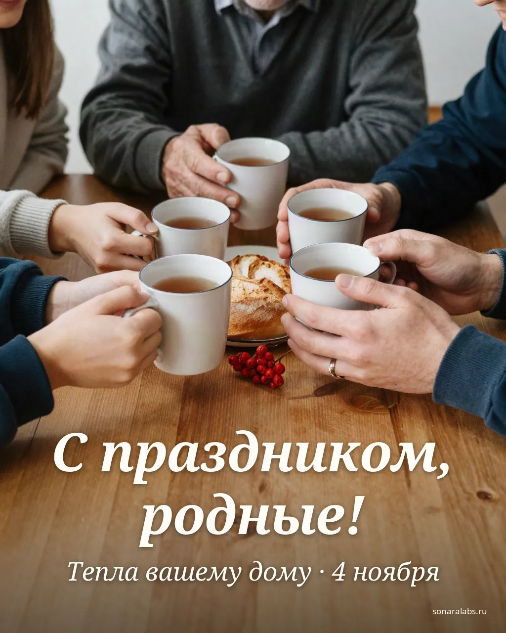 Открытка к 4 ноября: руки с чашками чая и каравай на столе