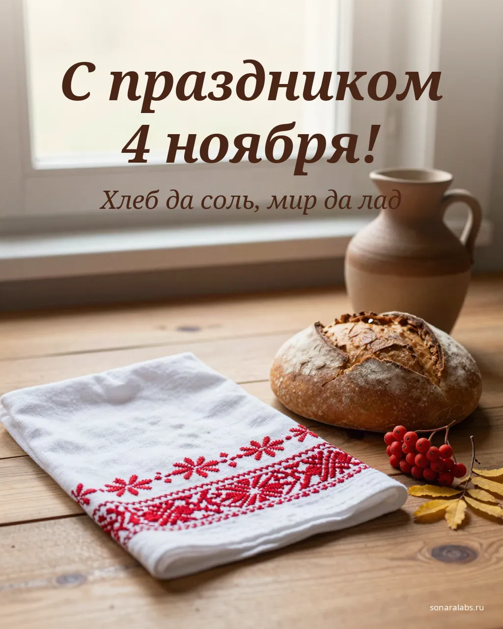 Открытка к Дню народного единства: рушник с вышивкой и каравай