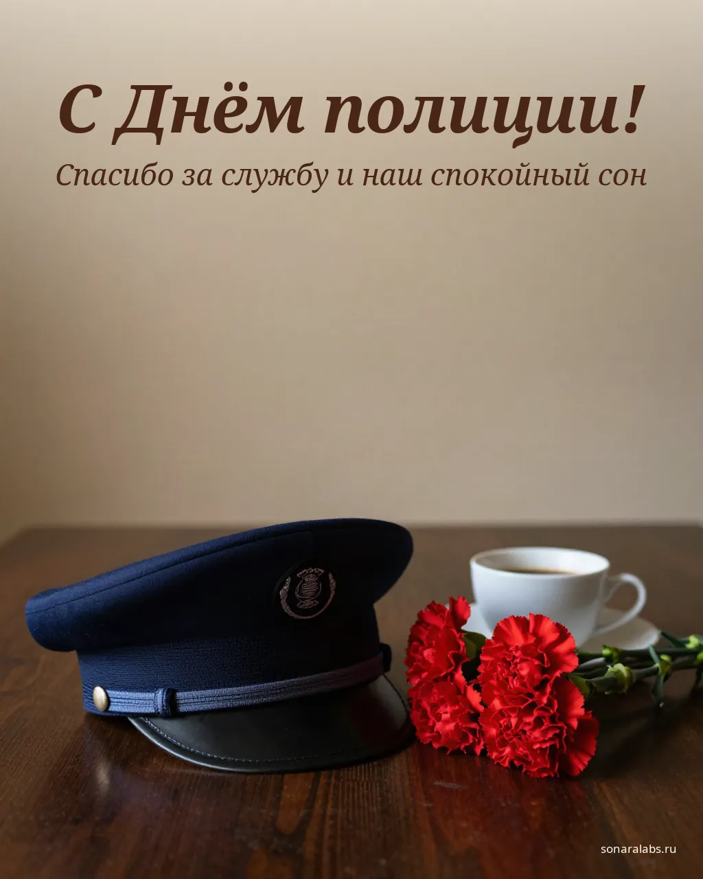 Открытка с Днём полиции: фуражка, красные гвоздики и кофе