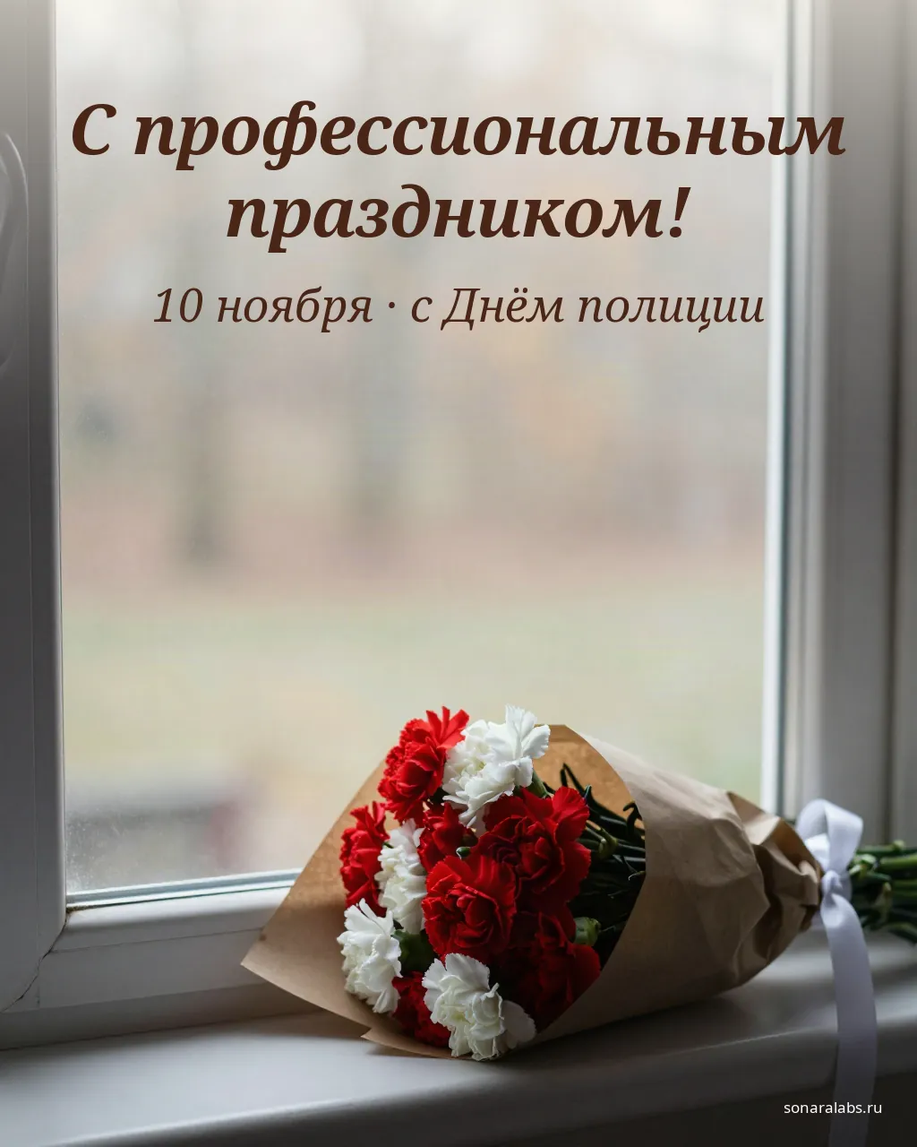 Открытка с Днём полиции: букет гвоздик на подоконнике