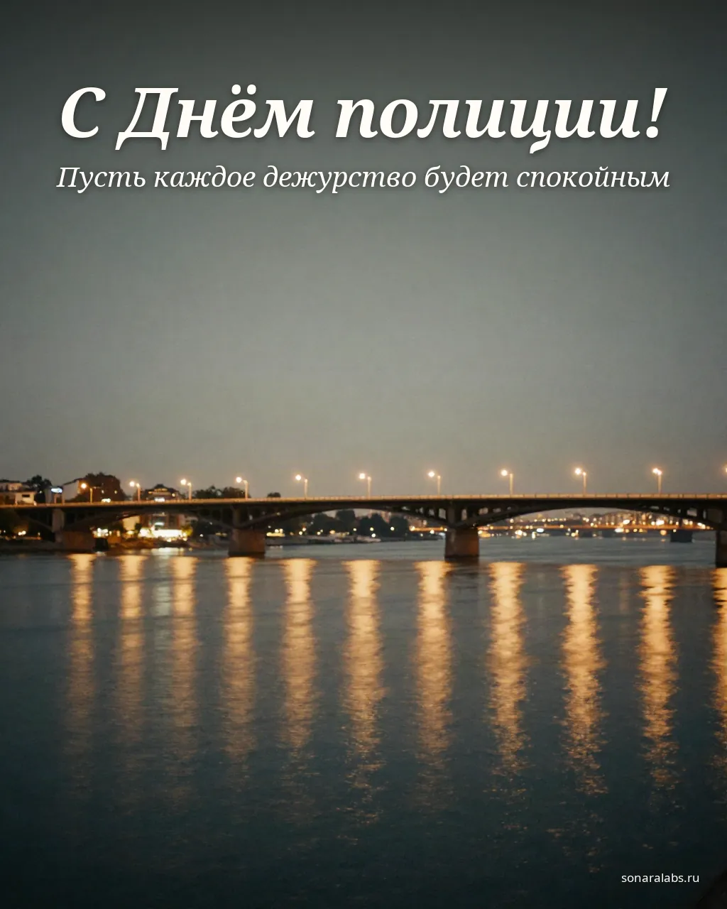 Открытка с Днём полиции: ночной мост и огни города