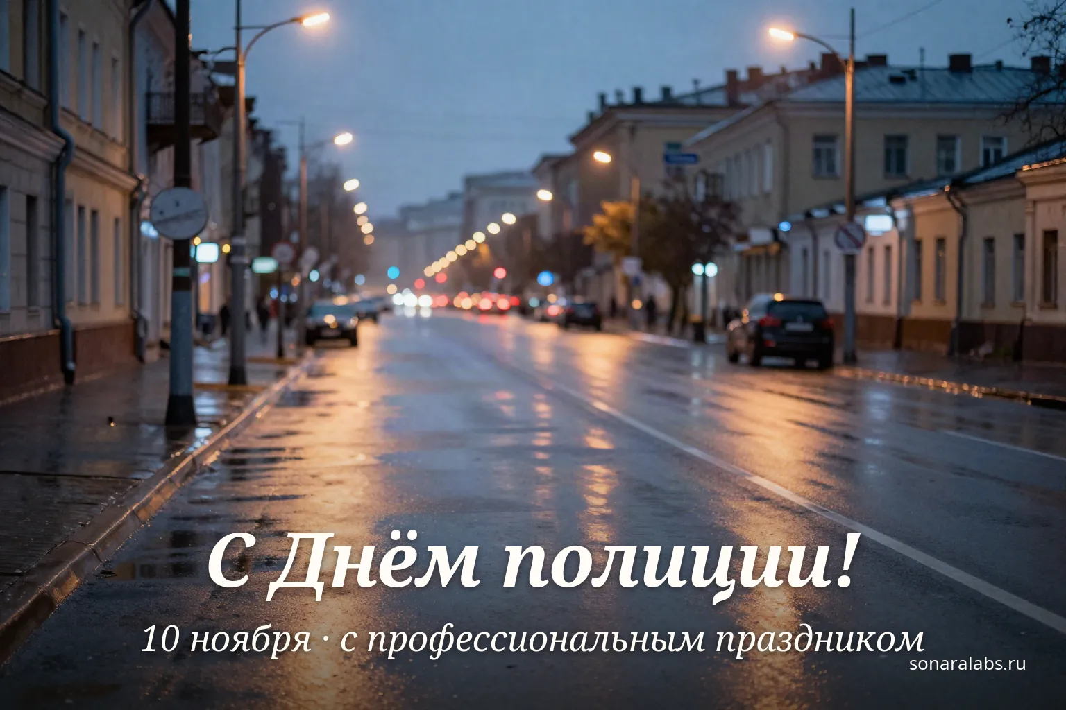 Горизонтальная открытка с Днём полиции: вечерняя улица после дождя