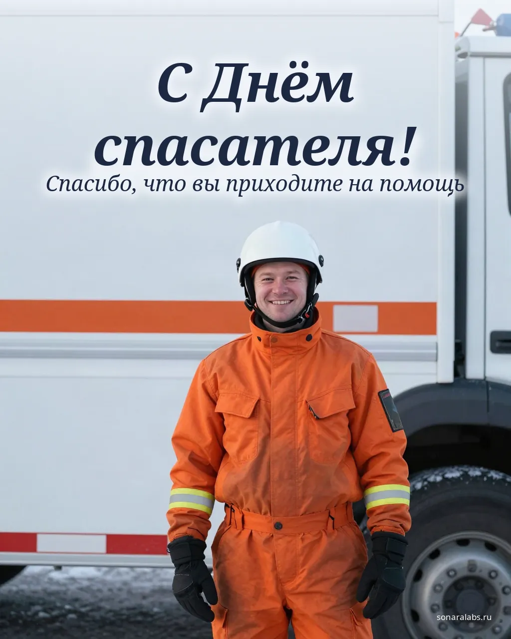 Открытка с Днём спасателя: спасатель в оранжевой форме у машины