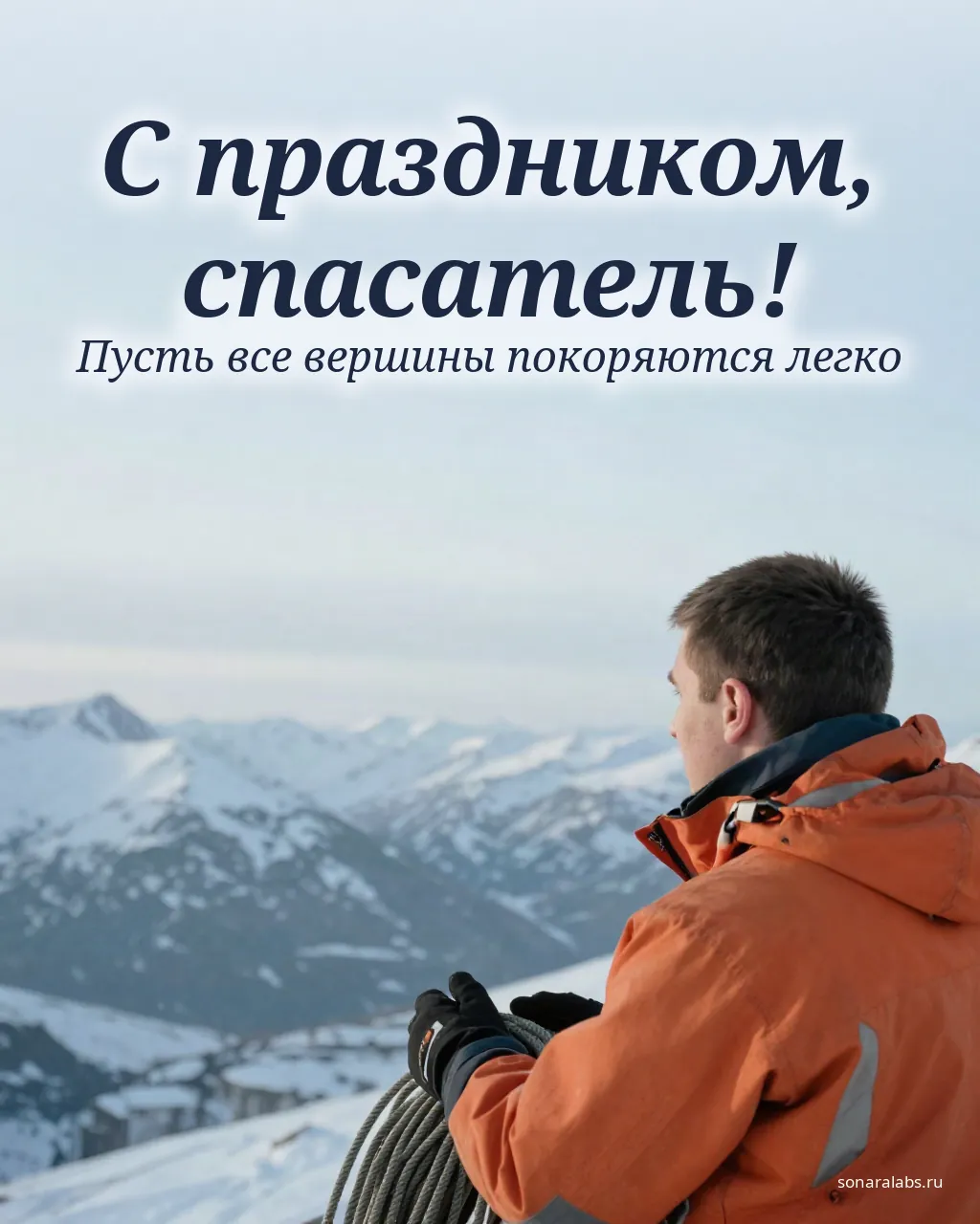 Открытка спасателю: спасатель с верёвкой смотрит на заснеженные горы