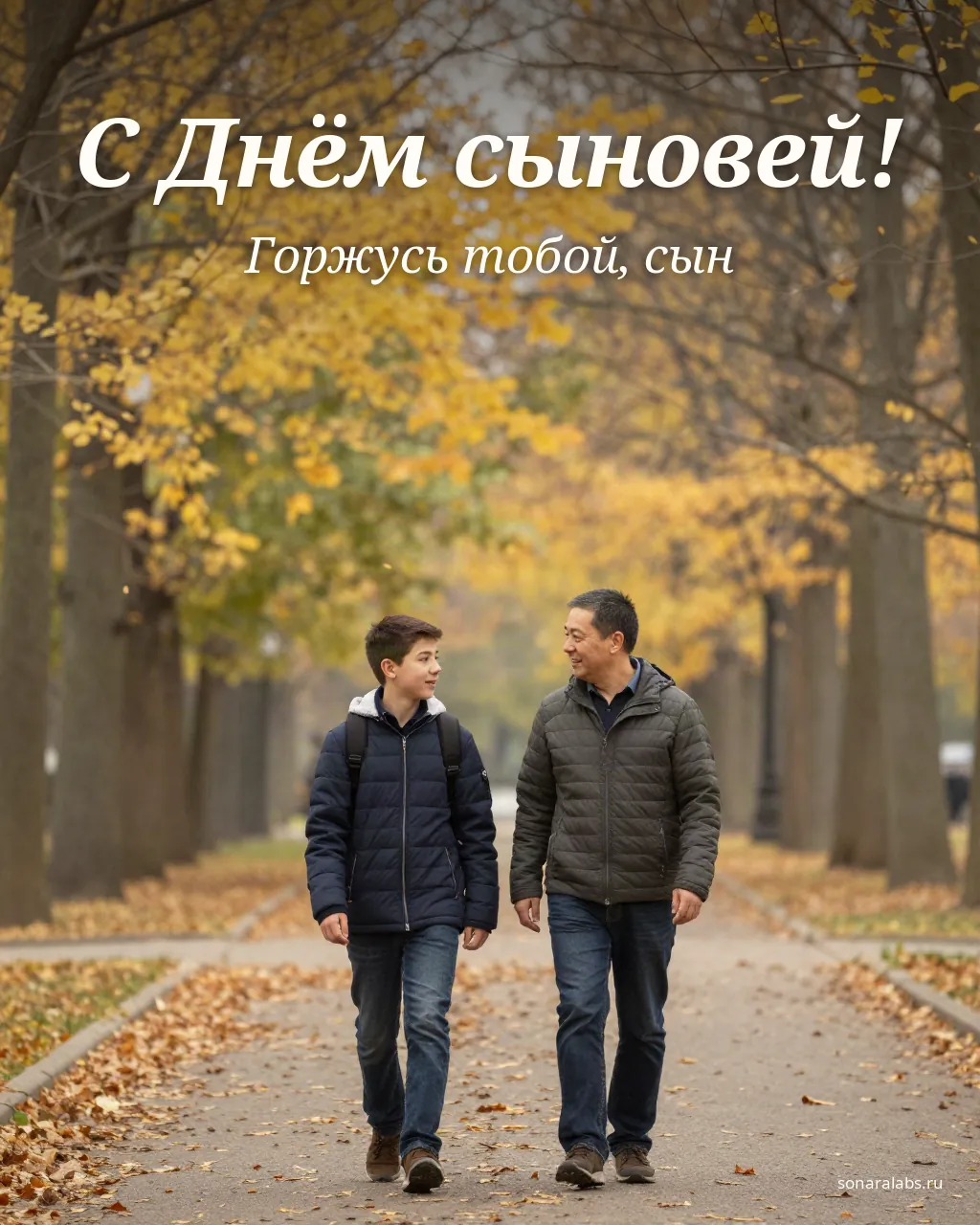 Открытка с Днём сыновей: отец и сын гуляют по осеннему парку