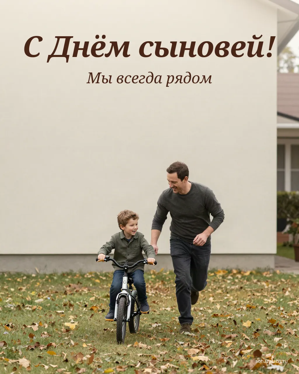 Открытка с Днём сыновей: папа учит сына кататься на велосипеде