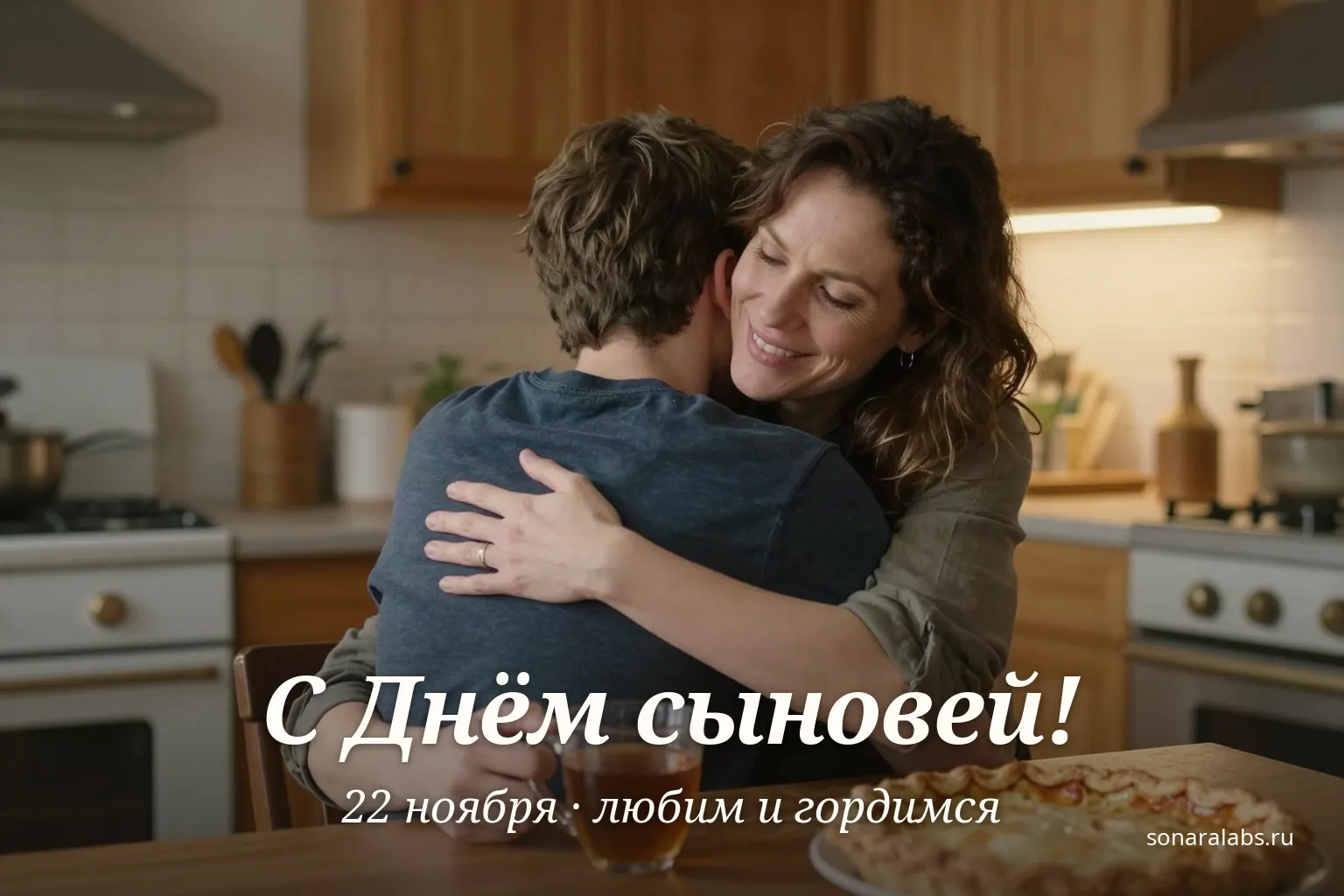 Горизонтальная открытка: мама обнимает взрослого сына