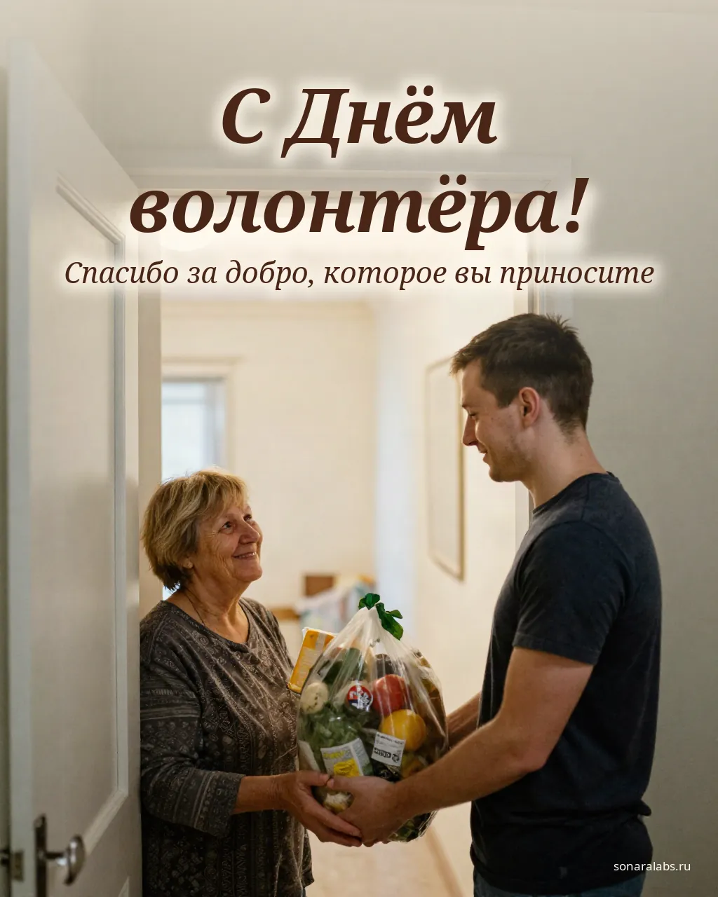 Открытка с Днём волонтёра: волонтёр приносит продукты пожилой женщине