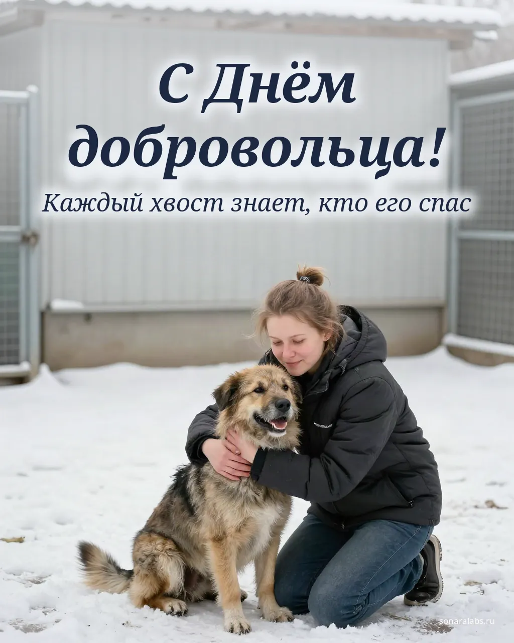 Открытка с Днём волонтёра: девушка-волонтёр обнимает собаку в приюте