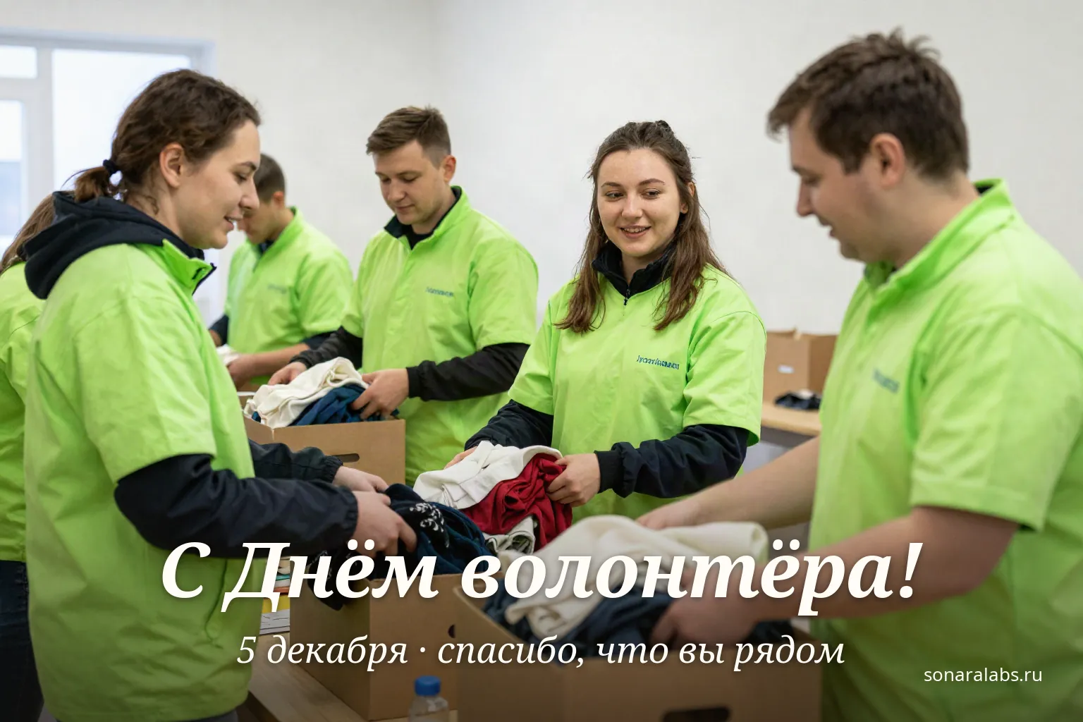 Горизонтальная открытка с Днём волонтёра: волонтёры сортируют тёплые вещи