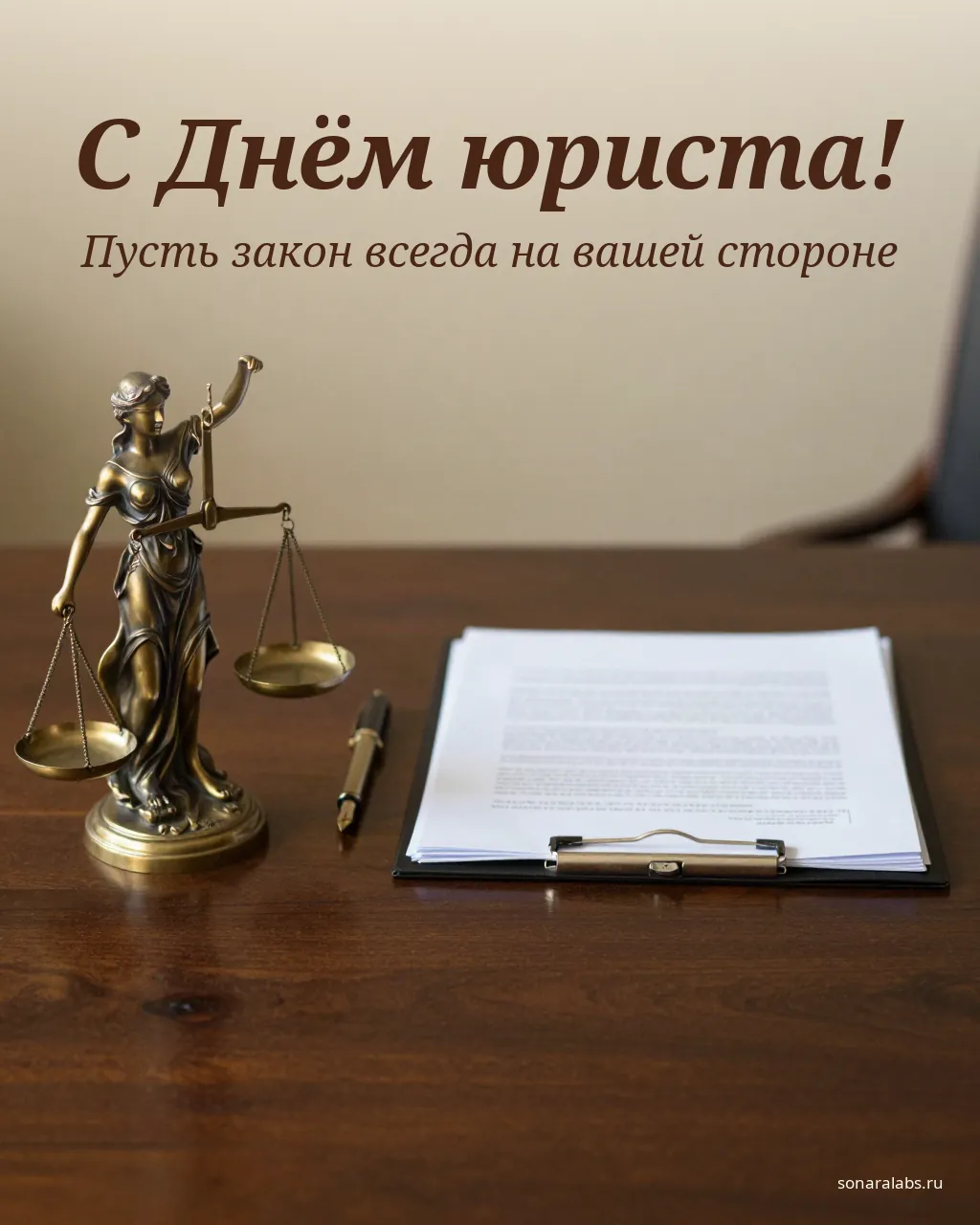 Открытка с Днём юриста: весы Фемиды и документы на столе