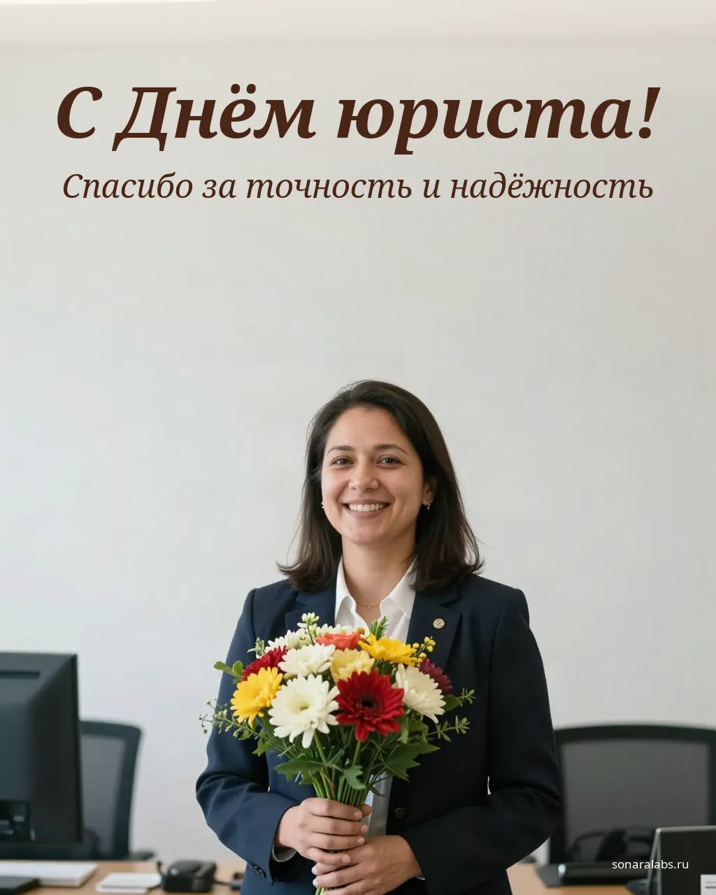 Открытка юристу-женщине: сотрудница с букетом