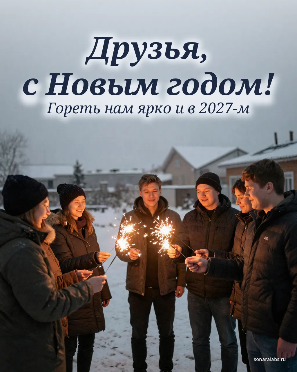 Открытка друзьям с Новым годом: компания с бенгальскими огнями во дворе