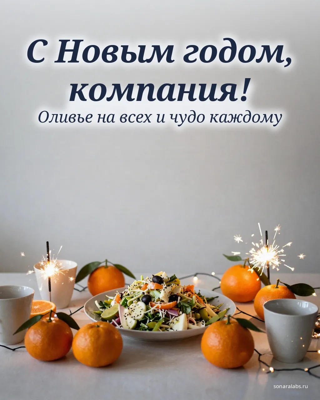 Новогодняя открытка в общий чат: праздничный стол с мандаринами