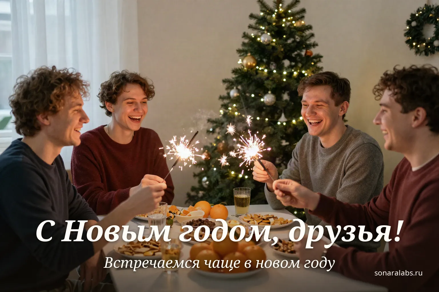 Горизонтальная открытка друзьям: друзья с бенгальскими огнями за столом
