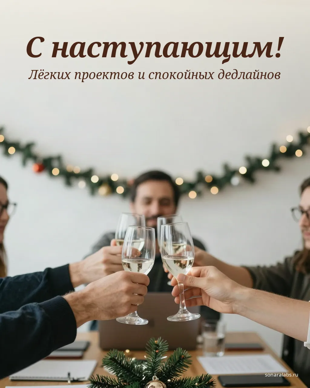 Открытка коллегам: тост в офисе под гирляндой