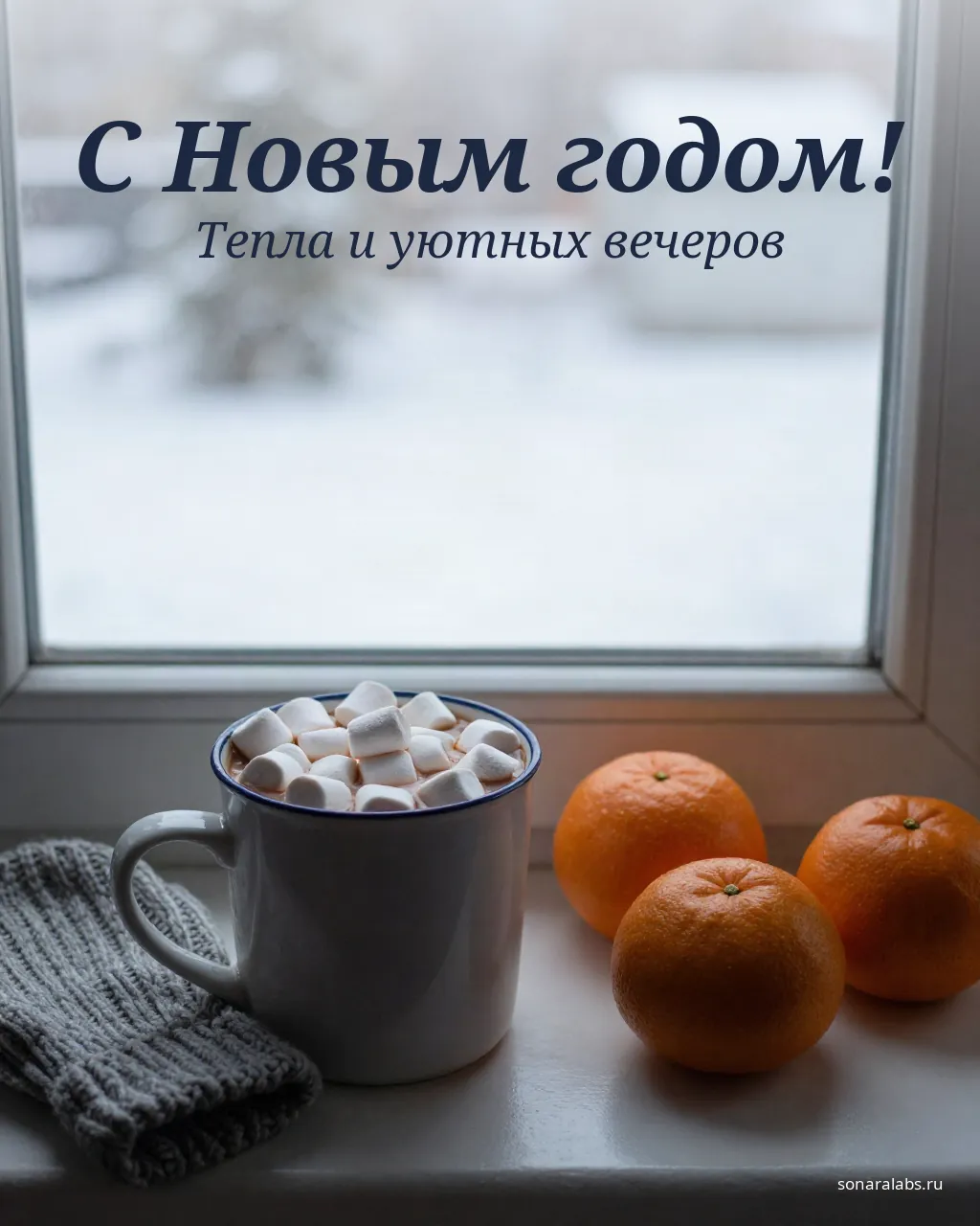 Короткая новогодняя открытка: какао с маршмеллоу и мандарины на окне