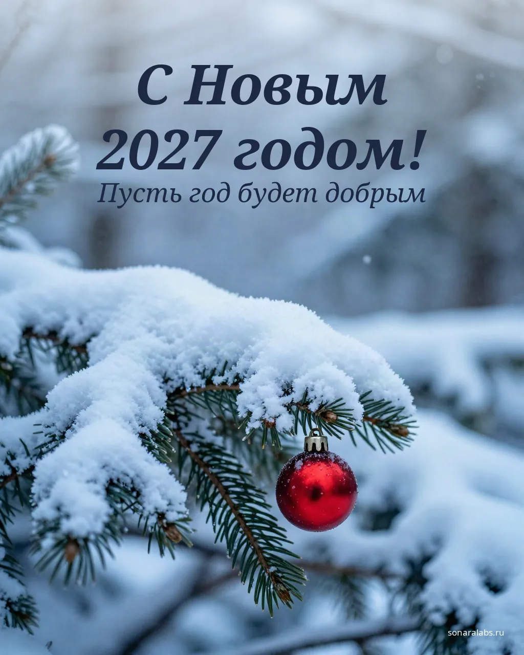 Новогодняя открытка: заснеженная еловая ветка с красным шаром
