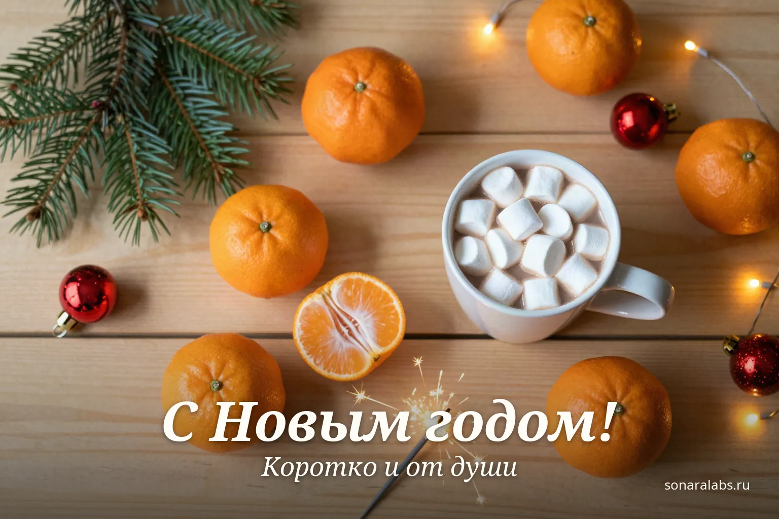Горизонтальная новогодняя открытка: мандарины, какао и гирлянда