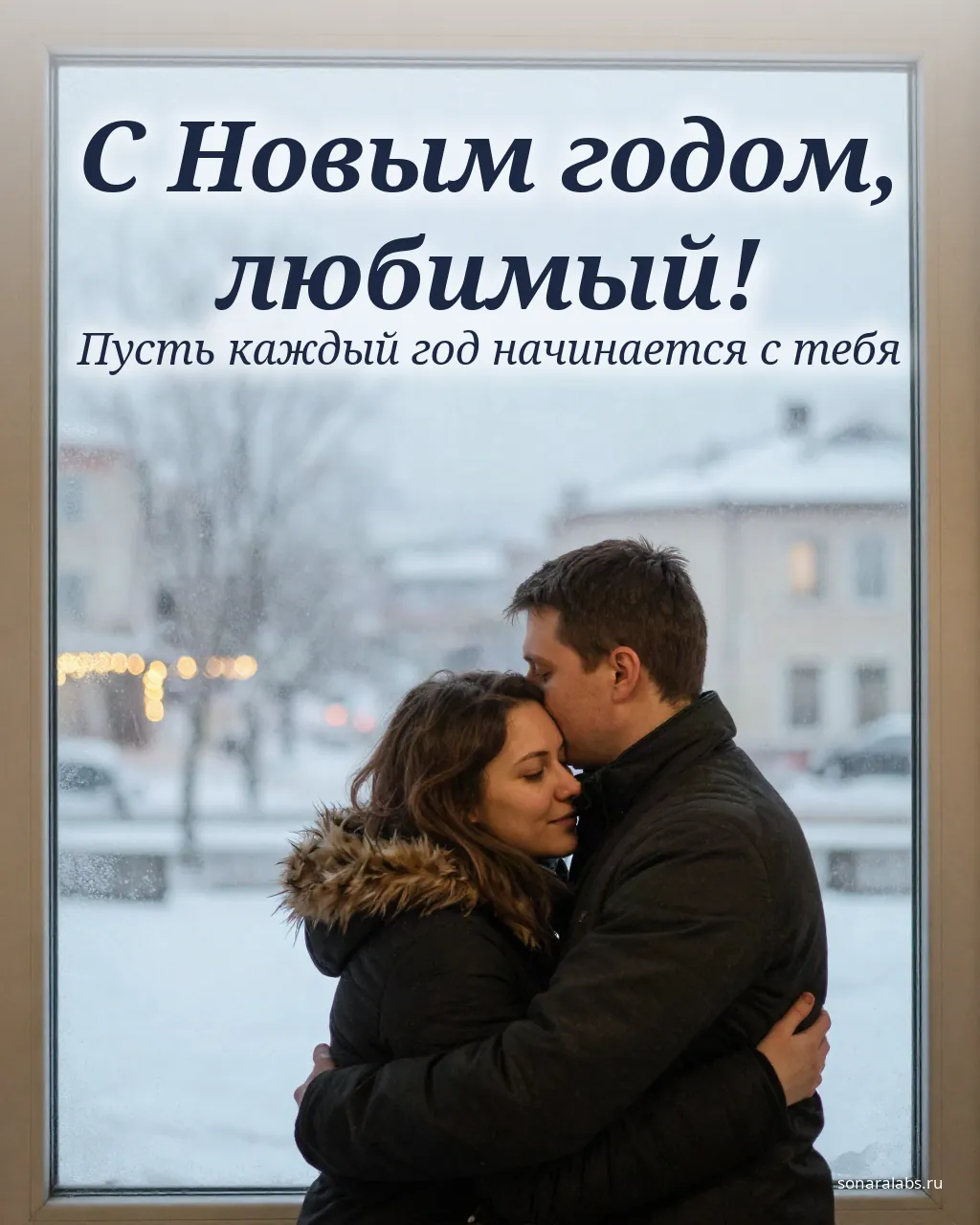 Новогодняя открытка любимому: девушка обнимает парня у окна