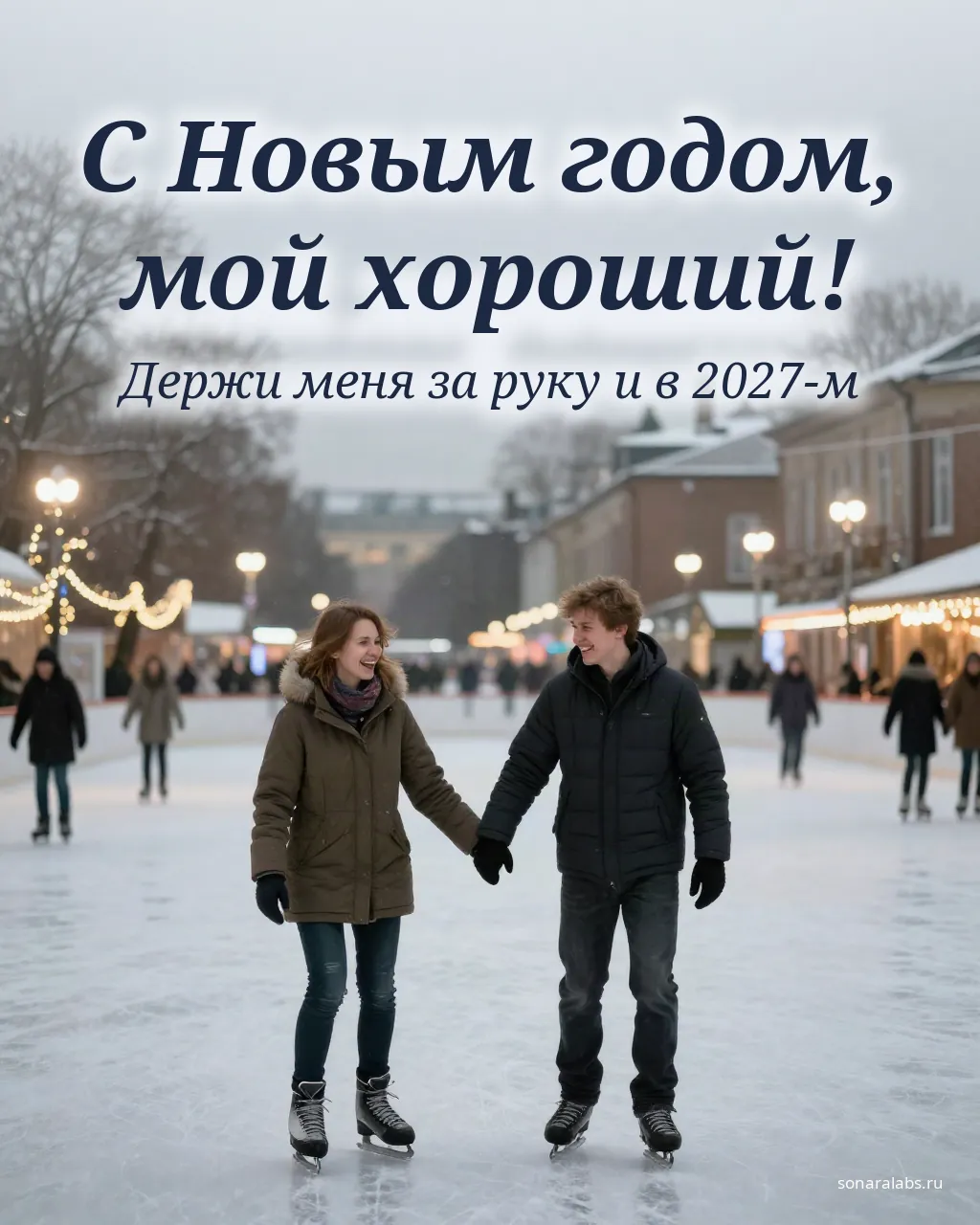 Открытка любимому на Новый год: пара катается на коньках