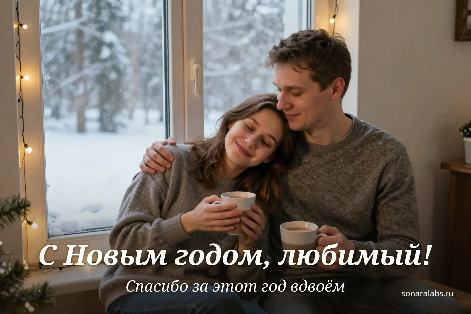 Горизонтальная открытка любимому: пара с какао у новогоднего окна