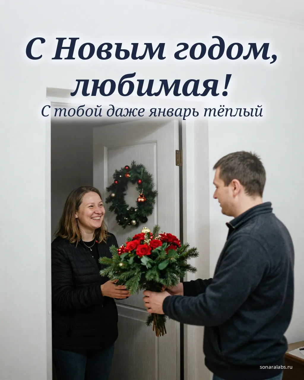 Новогодняя открытка любимой: мужчина дарит букет