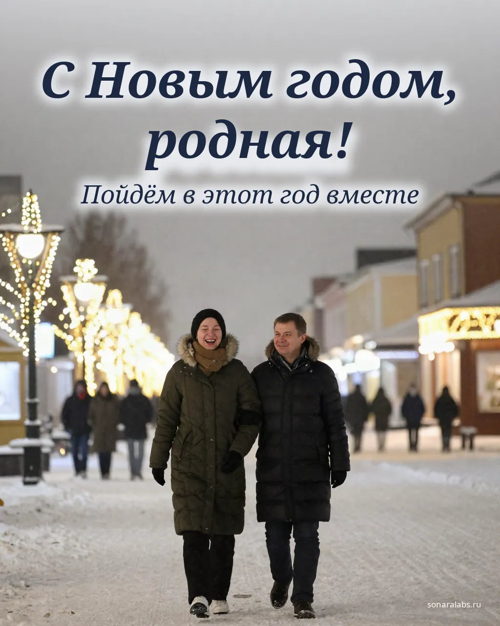 Открытка любимой на Новый год: пара гуляет по праздничной улице