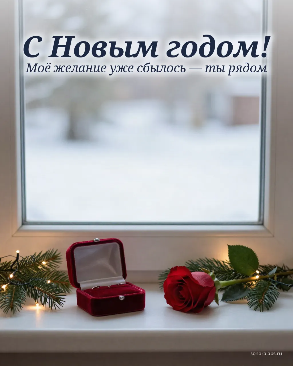 Романтическая новогодняя открытка: шкатулка, роза и гирлянда на окне