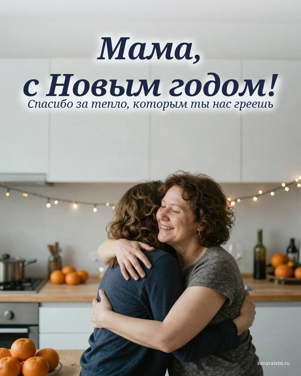 Новогодняя открытка маме: дочь обнимает маму на кухне с гирляндой